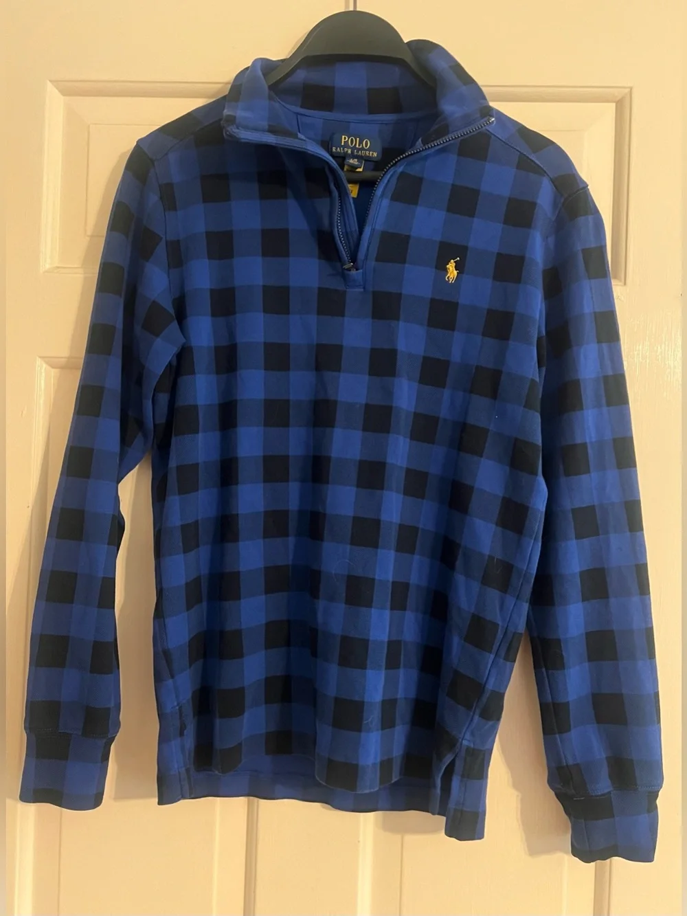 Ralph Lauren polo Plaid Estate-Rib Quarter-Zip Pullover large blue black tartan